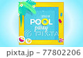 Pool party invitation animation 4K. Flayer template top view of swimming pool background with tropical palm leaves, pool floats, tropical fruits and ice cream popsicle footage. 77802206