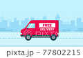 Free delivery services concept 4K animation, food or products order express shipping to home or office. Warehouse lorry, truck, scooter courier, fast delivery man on urban road background footage. 77802215