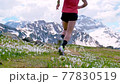 Mountain runner on flowers of flowers in downhill spring. In slow motion Mountain runner on flowers of flowers in downhill spring. In slow motion 77830519