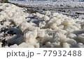 Unusual sea foam, thrown ashore by the storm, formed bubbles moving in the wind and flying pieces.  77932488
