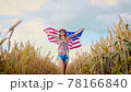 Beautiful young girl holding an American flag on the wind in a field of wheat. Summer landscape against the blue sky. 78166840