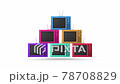 Pile of 3D colorful television mock up with rotating switch tuner movement, blank empty space display, seamless lopping animation, isolated white background. 78708829