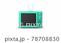 Close up 3d green television cartoon mock up with no signal display and rotating tuner switch motion, seamless looping animation, isolated on white background. 78708830