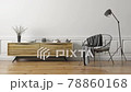 Interior design of modern living room. Wooden sideboard, floor lamp and black armchairover white wall, 3d animation rendering 78860168