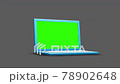 Close up camera on side shot in to computer laptop, green screen display empty space, 3D rendering animation on isolated dark gray background. 78902648