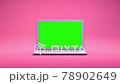 Close up camera shot in to white computer laptop, green screen display empty space, 3D rendering animation on pink color background. 78902649