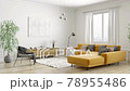 Modern interior design of scandinavian apartment, living room with yellow sofa, sideboard and black armchair 3d animation rendering 78955486