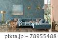 Modern interior of living room with blue corner sofa, coffee tables, floor lamp. Home design. 3d animation rendering 78955488