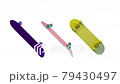 Close up Three colorful skateboard rotating mock up, 3d rendering looping animation movement, isolated on white background. 79430497