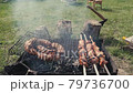 Barbeque meat and sausages or bratwurst on a grill grate in backyard. Man preparing shashlik or shish kebab over charcoal. Grilled meat on metal skewer outdoor. BBQ party or picnic food. Close up shot 79736700