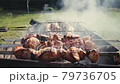 Barbeque meat and sausages or bratwurst on a grill in backyard. Preparing shashlik or shish kebab over charcoal. Grilled meat on metal skewers. BBQ party or picnic food. Sunny outdoor. Close up shot 79736705