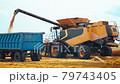 Unloading grains into truck by unloading auger. Combine harvesters cuts and threshes ripe wheat grain. Wheat harvesting on field in summer season. Process of gathering crop by agricultural machinery 79743405