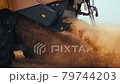 Wheat harvesting on field in summer season. Wide chaff spreading by combine harvester with rotor separation. Process of gathering crop by agricultural machinery: cuts and threshes ripe wheat grain 79744203