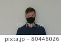 Zoom in shot of man wearing face mask against white background 80448026