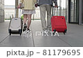 Couple with suitcases walking through the airport or train station. Back view. 81179695