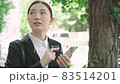 街中でスマホを見ながら周囲を確認するスーツ姿の若い女性 83514201