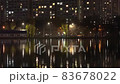 Long exposure movie. Moscow cityscape. Ostankino public park. People resting near the Pond.  Skyscrapers are reflected on the water surface. Calmness and resting in nature. 83678022