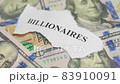 Billionaires income tax. Pile of us dollar banknotes and pieces of paper with Billionaires text. Billionaires income tax proposed in US Senat 83910091