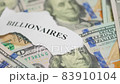 Billionaires income tax. Pile of us dollar banknotes and pieces of paper with Billionaires text. Billionaires income tax proposed in US Senat 83910104