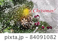 romantic video greeting merry christmas with snowy tree, white snow and red berries and disappearing inscription  84091082