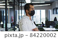 Portrait of caucasian businesswoman adjusting face mask standing in office and looking to camera 84220002