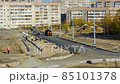 Timelapse of road workers and road machinery on laying road asphalt 85101378