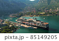 Wonderful view of the city of Kotor and the docked cruise ship in the port, Montenegro. 85149205