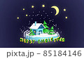 Christmas animation 3D with fairytale house, Christmas trees and title against dark blue background with moon and stars on a seamless loop 85184146