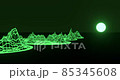 Green neon abstract otherworldly computer mountains and moon. video footage animation computer clip 85345608