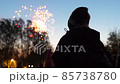 family look at the sky at the fireworks. The night sky in lights 85738780