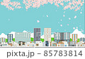 Blue sky, cherry blossoms and cityscape, particles flying in the cherry blossoms 85783814