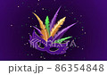 Mardi Gras and Fat Tuesday carnival animation 3D with masquerade mask and feathers against purple background on a seamless loop 86354848