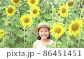 happy little asian girl with hat having fun among blooming sunflowers garden. child and sunflower, summer, nature and smiling. summer holiday. little girl plays with sunflowers. 4k shot 86451451