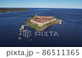 Russia. Leningrad region. September 10, 2021. View of the Oreshek fortress near the city of Shlisselburg from a bird's-eye view. Russia. Leningrad region. September 10, 2021. View of the Oreshek fortress near the city of Shlisselburg from a bird's-eye view. 86511365