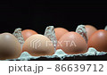 Eggs in a protective container on black background. Background in blur. 86639712