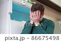 Middle age scientist man with hand on head for pain in head because stress in laboratory 86675498