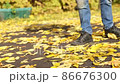 Boy in black shoes kicking heaps of fallen leaves while walking in park 86676300