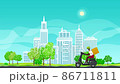 Young african guy in protective face mask with box rides a scooter on a spring background of green trees and cities,online delivery service and stay home concept, HD Video Animation Footage 86711811