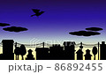 An animated video of a crow flying in the scenery of the sunrise. The silhouette of the cityscape. An animated video of a crow flying in the scenery of the sunrise. The silhouette of the cityscape. 86892455