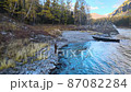 a man fishing on the banks of a picturesque river 87082284
