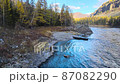 boat near the shore fisherman with a fishing rod on the shore fishing fish autumn forest 87082290