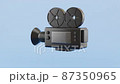 3D render abstract video camera spins on a blue background Camera video black modern. 3D animation object loop 87350965