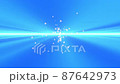 CG animation in which glittering particles are emitted while rotating from the center on the background of a blue wave pattern 87642973