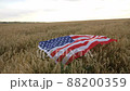Big usa flag lies on the ears of wheat in the field 88200359