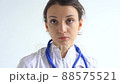 Female doctor is putting off protective blue gloves isolated on white background after some medical manipulations, vaccination. 88575521