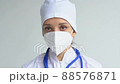 Female doctor is putting off protective blue gloves isolated on white background after some medical manipulations, vaccination. 88576871