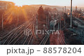 Two old trains passing by in the beautiful sunset 88578204