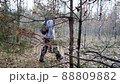 Walking man in the autumn red forest 88809882