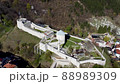 Aerial drone view of Travnik Castle. Medieval walls, buildings, mosque and fortress in Bosnia and Herzegovina. Old town. 88989309