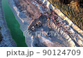 Excavator load limestone in mining truck in open pit mine. Haul truck transports chalk and clay  90124709